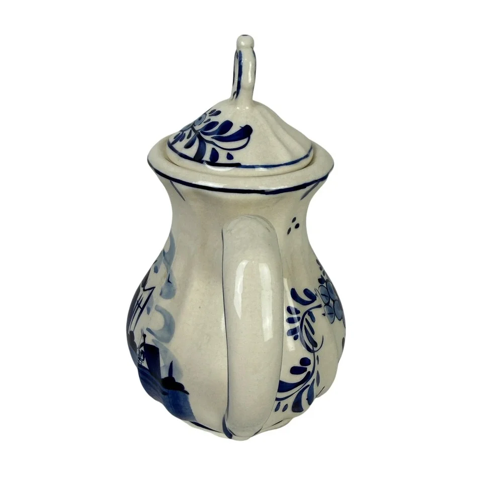 Delft Blue Handpainted Ceramic Teapot Windmill Floral Blue White Dutch Pottery
